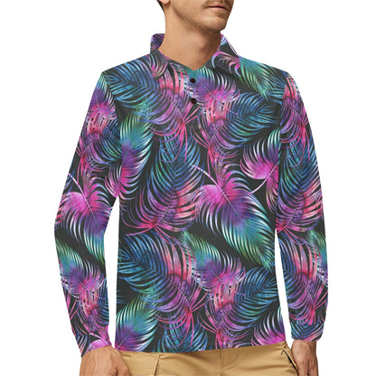 Palm Leaves Pattern Print Design PL010 Long Sleeve Polo Shirt For Men's