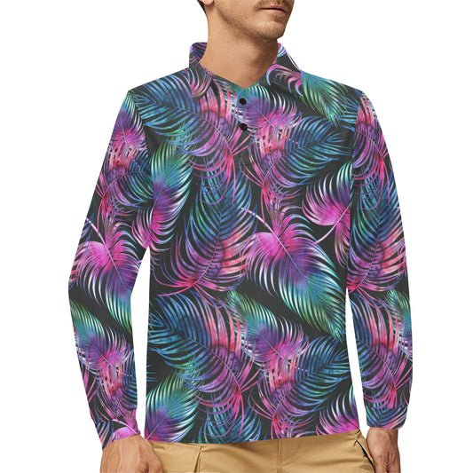 Palm Leaves Pattern Print Design PL010 Long Sleeve Polo Shirt For Men's