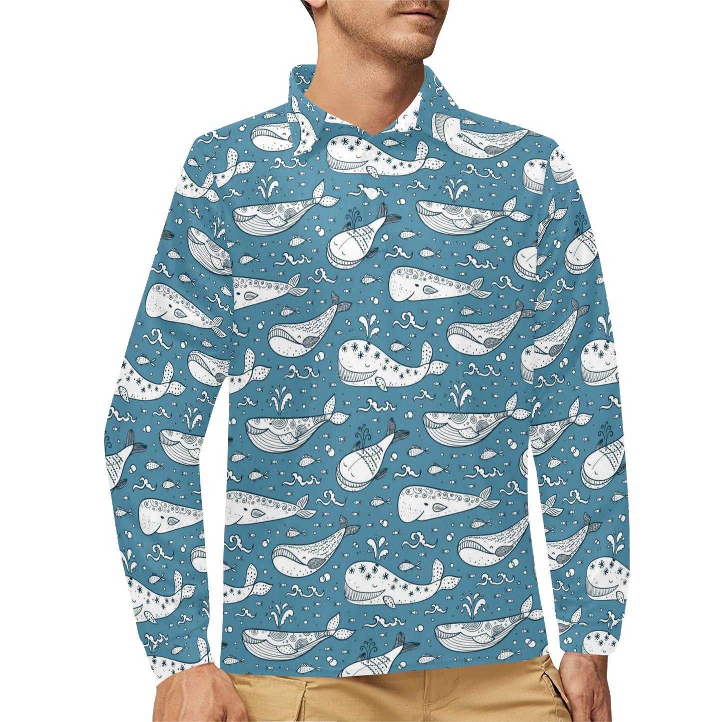 Humpback Whale Pattern Print Design 03 Long Sleeve Polo Shirt For Men's