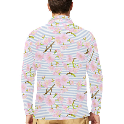 Pink Cherry Blossom Sakura Long Sleeve Polo Shirt For Men's
