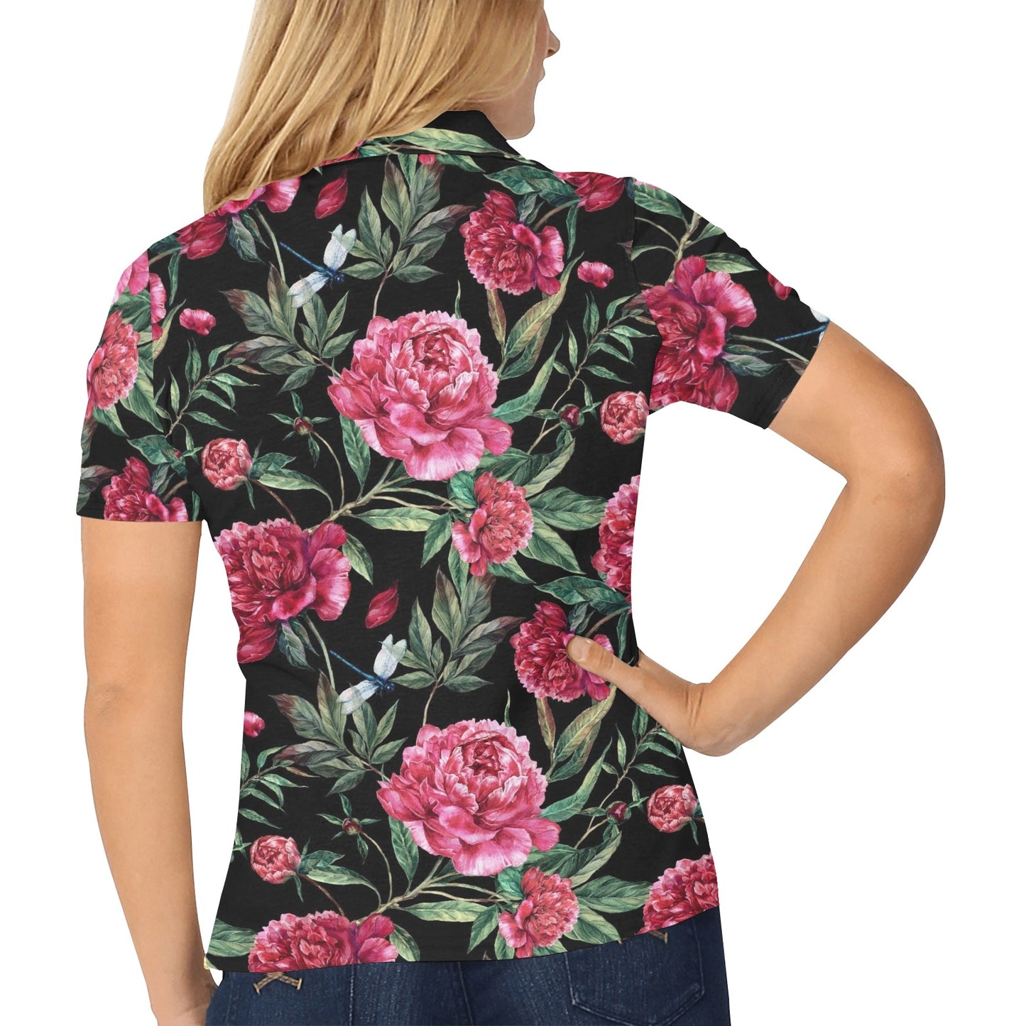 Peony Pattern Print Design PE04 Women's Polo Shirt