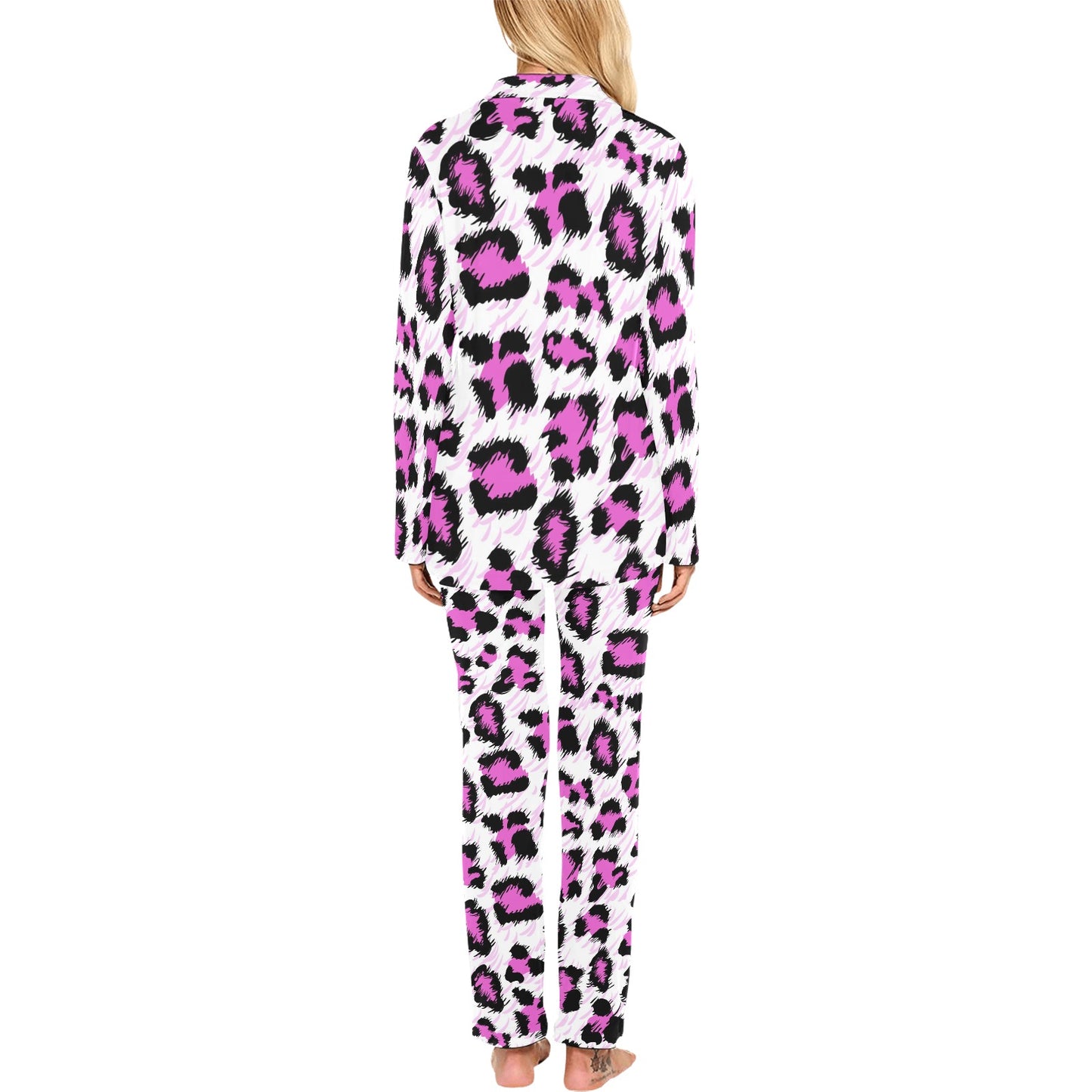 Leopard Pink Skin Print Women's Long Pajama Set
