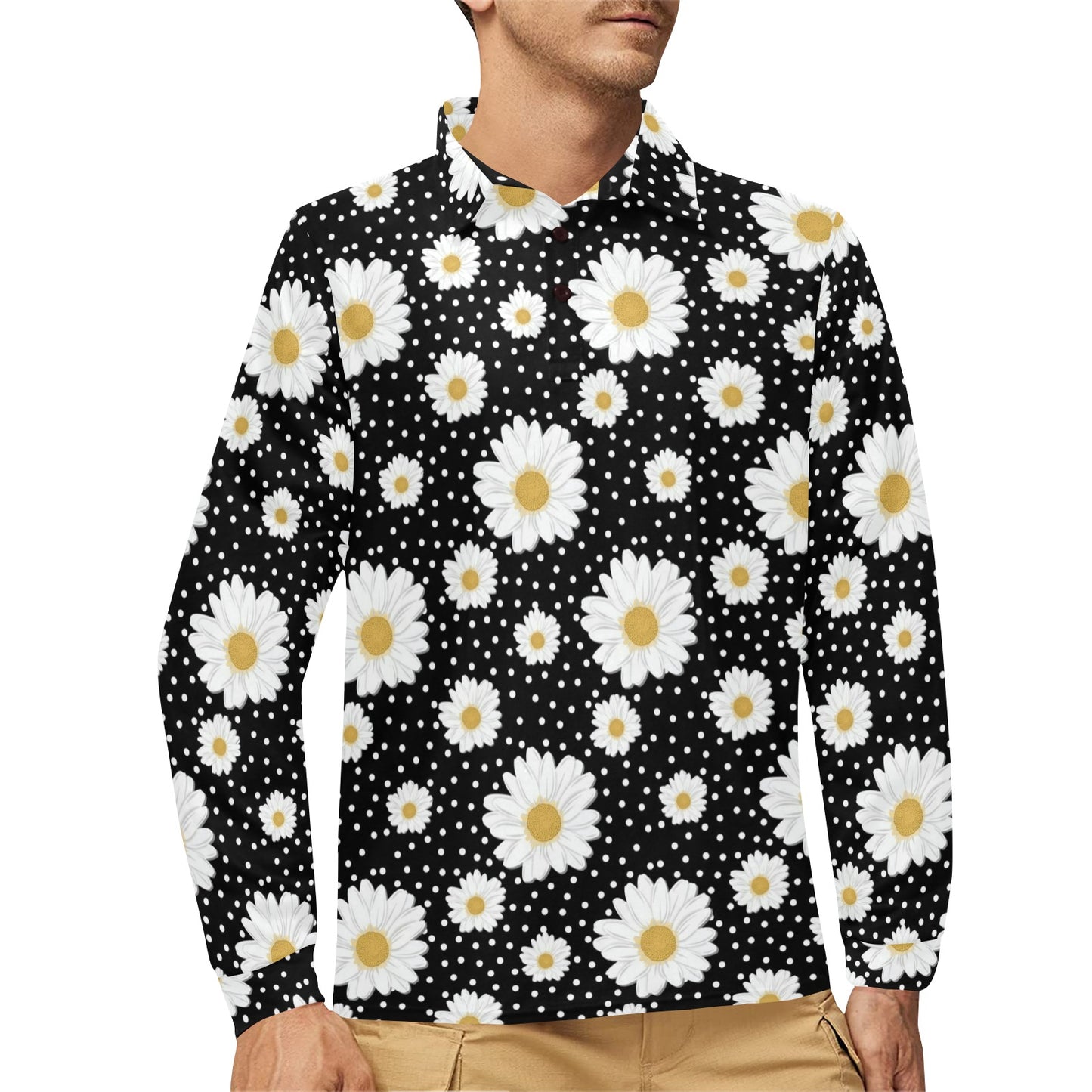 Daisy Pattern Print Design DS02 Long Sleeve Polo Shirt For Men's
