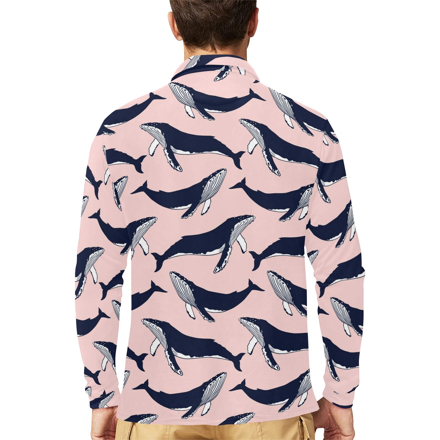 Humpback Whale Pattern Print Design 02 Long Sleeve Polo Shirt For Men's