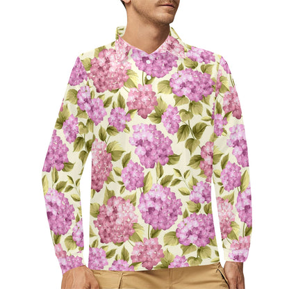 Hydrangea Pattern Print Design HD05 Long Sleeve Polo Shirt For Men's