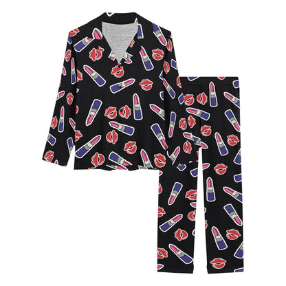 Lipstick Pattern Print Design LT01 Women's Long Pajama Set