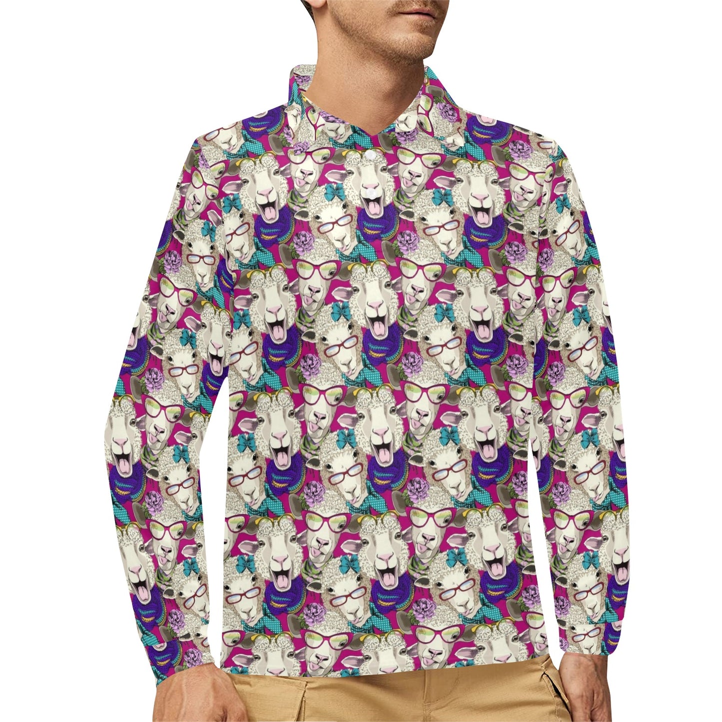 Sheep Print Design LKS403 Long Sleeve Polo Shirt For Men's