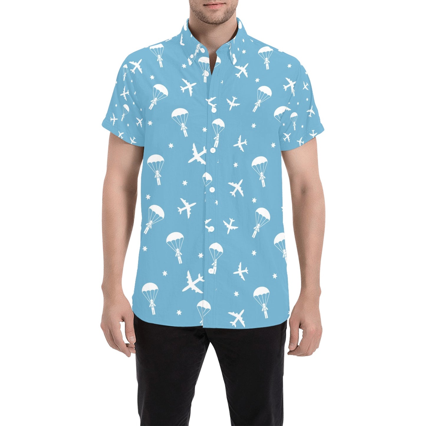 Skydiver Print Design LKS303 Men Short Sleeve Button Up Shirt