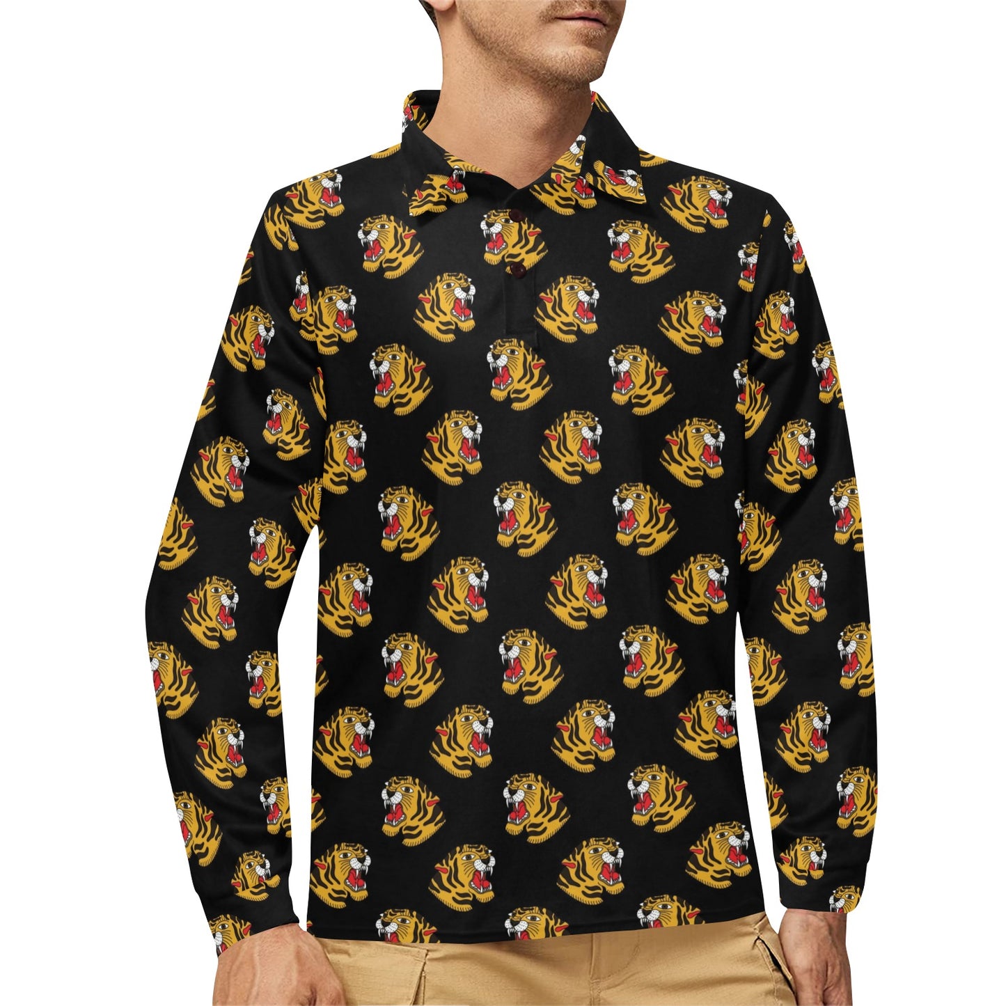 Tiger Head Print Design LKS306 Long Sleeve Polo Shirt For Men's
