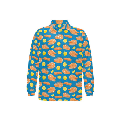 Salmon Steak With Lemon Print Design LKS308 Long Sleeve Polo Shirt For Men's