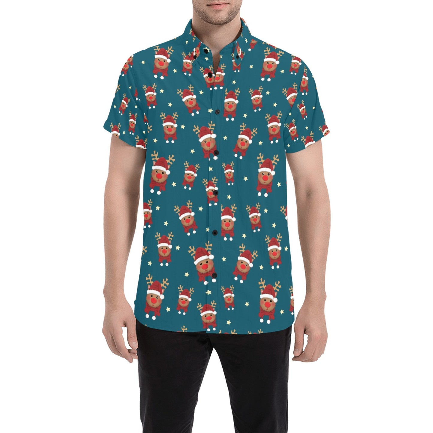 Reindeer Print Design LKS406 Men Short Sleeve Button Up Shirt
