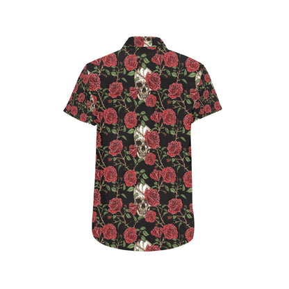 Skull And Roses Print Design LKS303 Men Short Sleeve Button Up Shirt