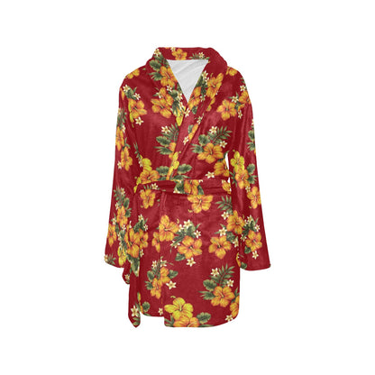Orange Hibiscus Pattern Print Design HB026 Women's Fleece Robe