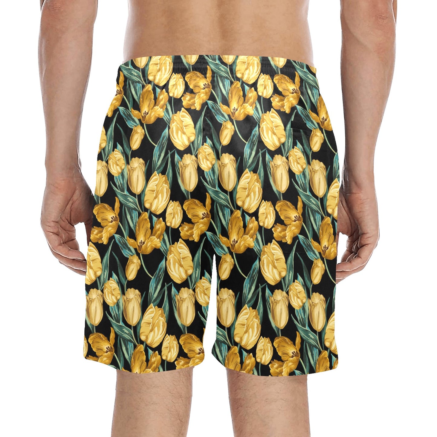 Elegant Yellow Tulip Print Men's Swim Trunks Beach Shorts