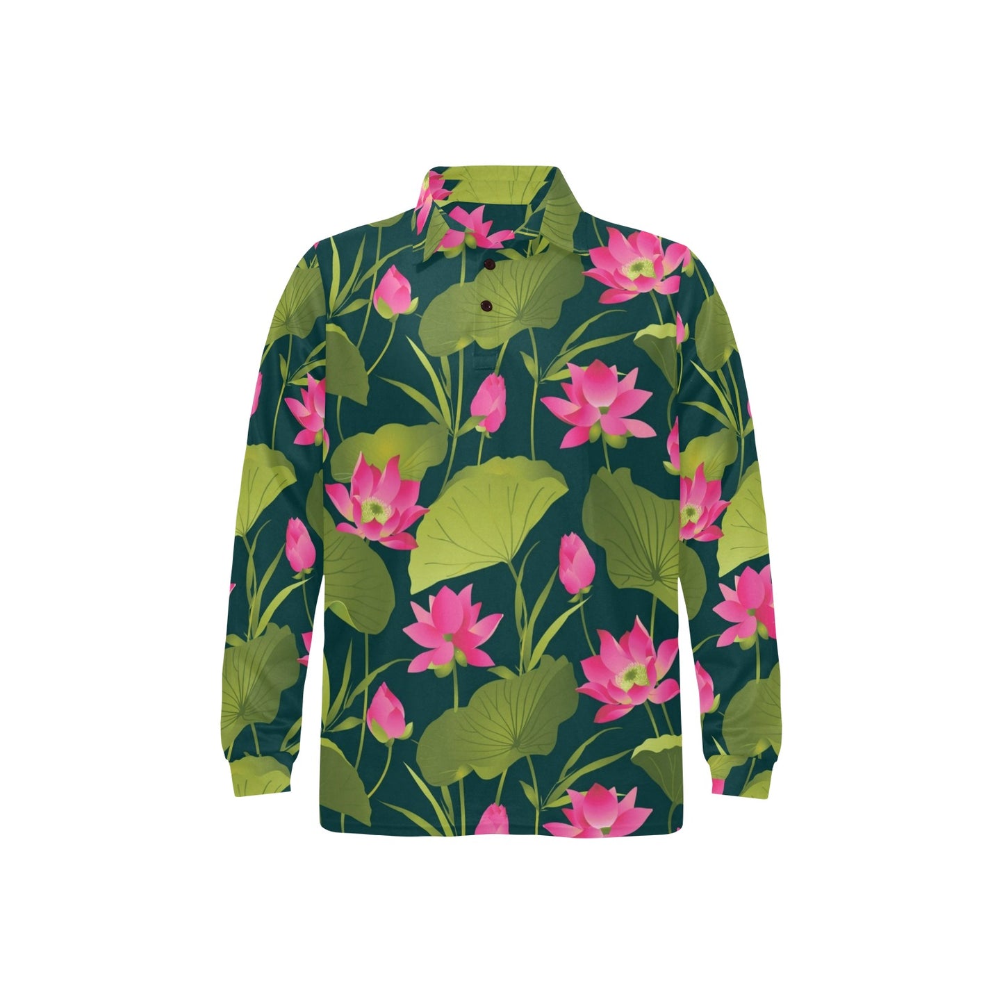 Water Lily Pattern Print Design WL09 Long Sleeve Polo Shirt For Men's