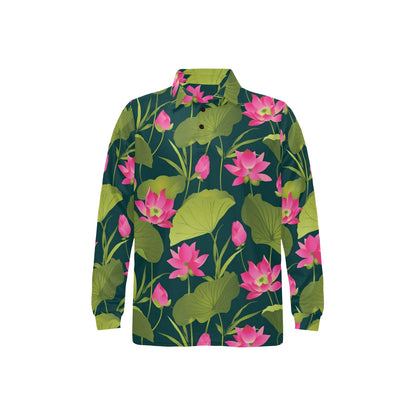Water Lily Pattern Print Design WL09 Long Sleeve Polo Shirt For Men's