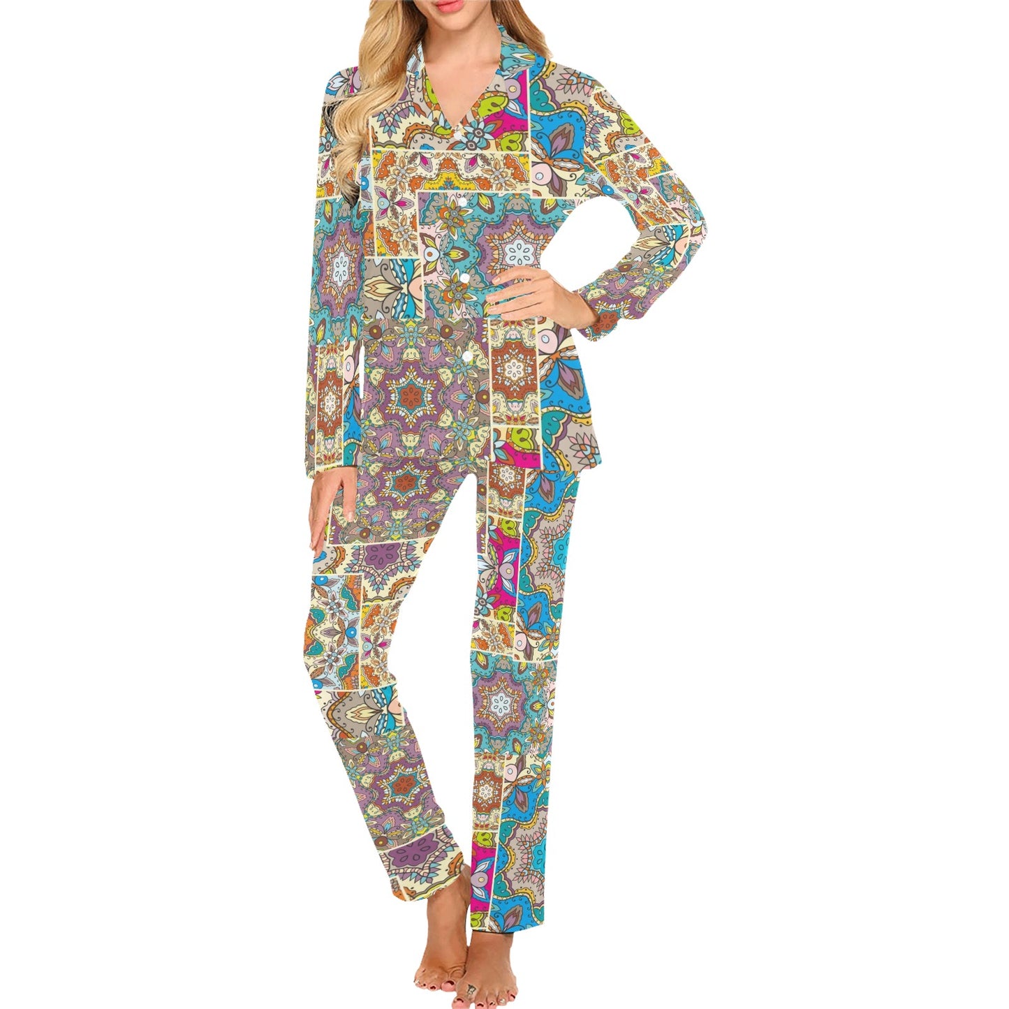 Patchwork Print Design LKS402 Women's Long Pajama Set