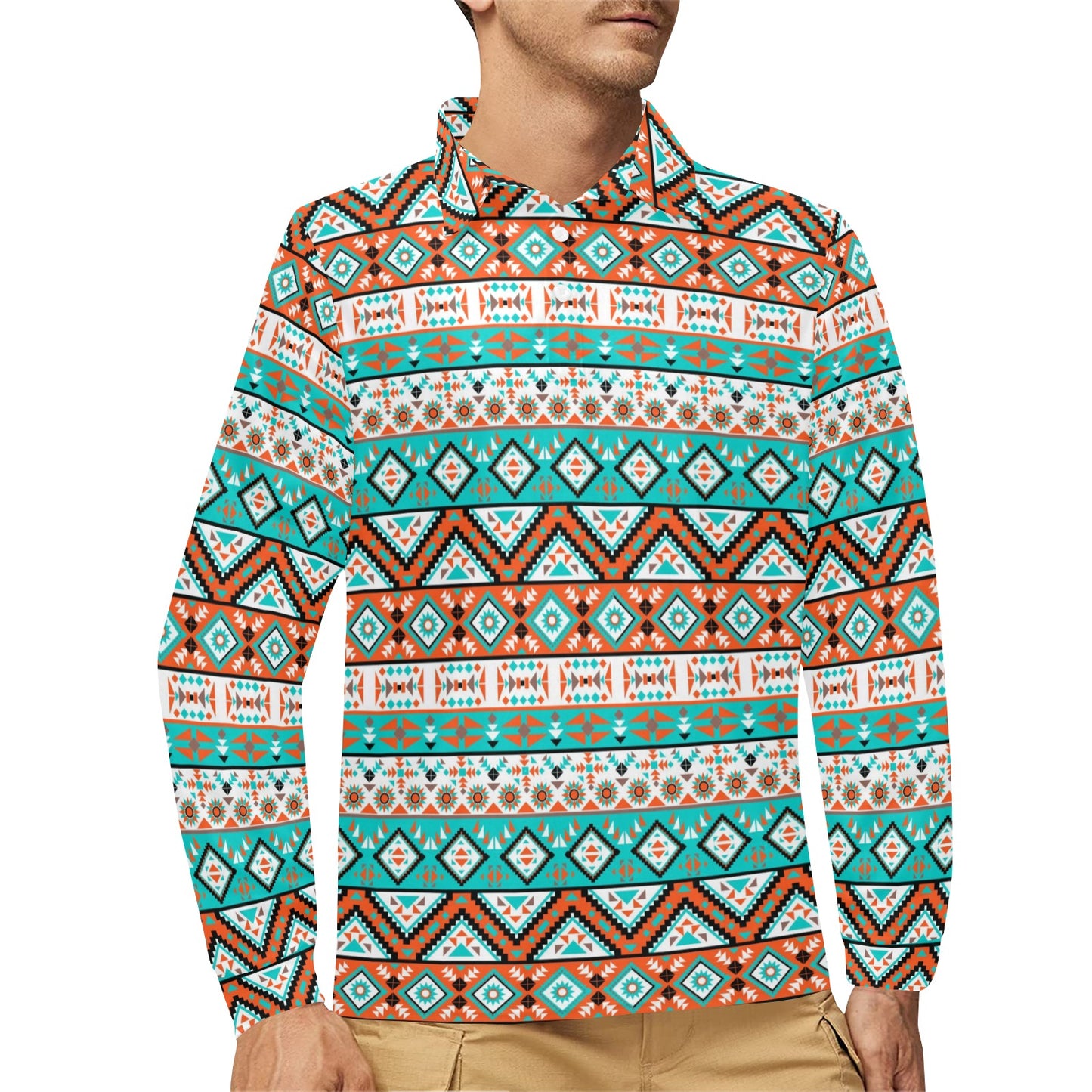 Navajo Style Print Pattern Long Sleeve Polo Shirt For Men's