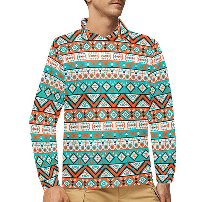 Navajo Style Print Pattern Long Sleeve Polo Shirt For Men's