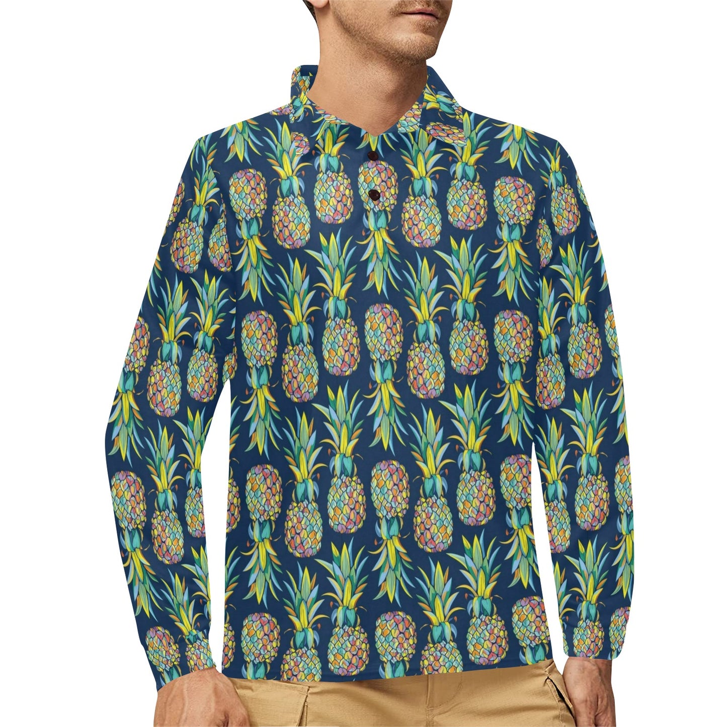 Pineapple Color Art Long Sleeve Polo Shirt For Men's