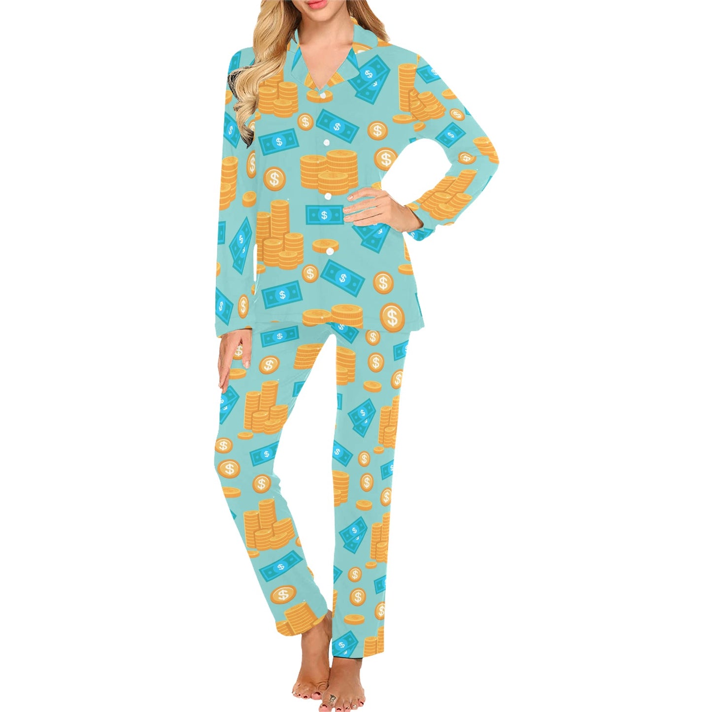 Money Pattern Print Design 03 Women's Long Pajama Set
