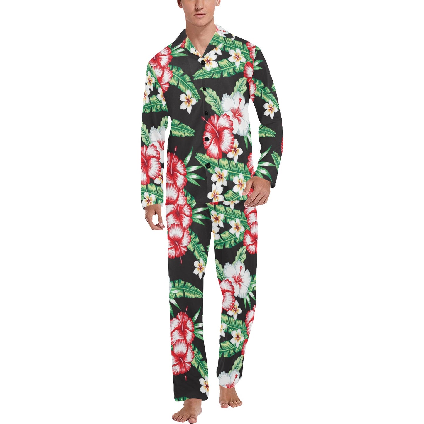 Hawaiian flower tropical leaves Men's Long Pajama Set