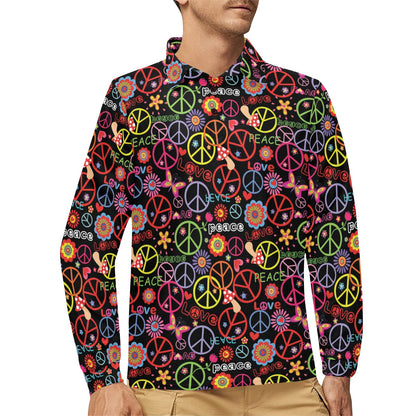Peace Sign Colorful Design Print Long Sleeve Polo Shirt For Men's