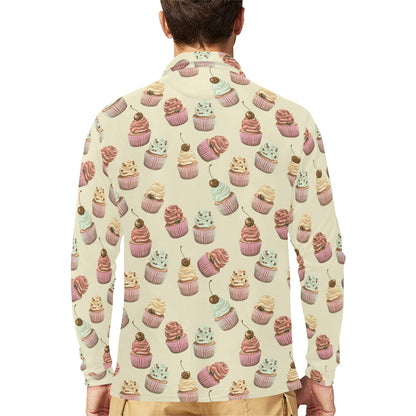 Cupcake Pattern Print Design 04 Long Sleeve Polo Shirt For Men's