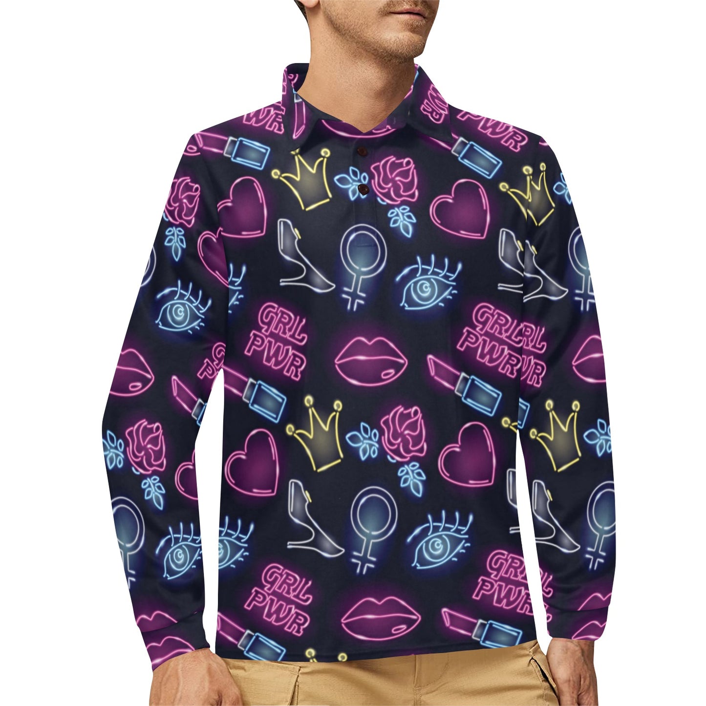 Lipstick Neon Pattern Print Design 02 Long Sleeve Polo Shirt For Men's