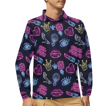 Lipstick Neon Pattern Print Design 02 Long Sleeve Polo Shirt For Men's