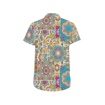 Patchwork Print Design LKS402 Men Short Sleeve Button Up Shirt