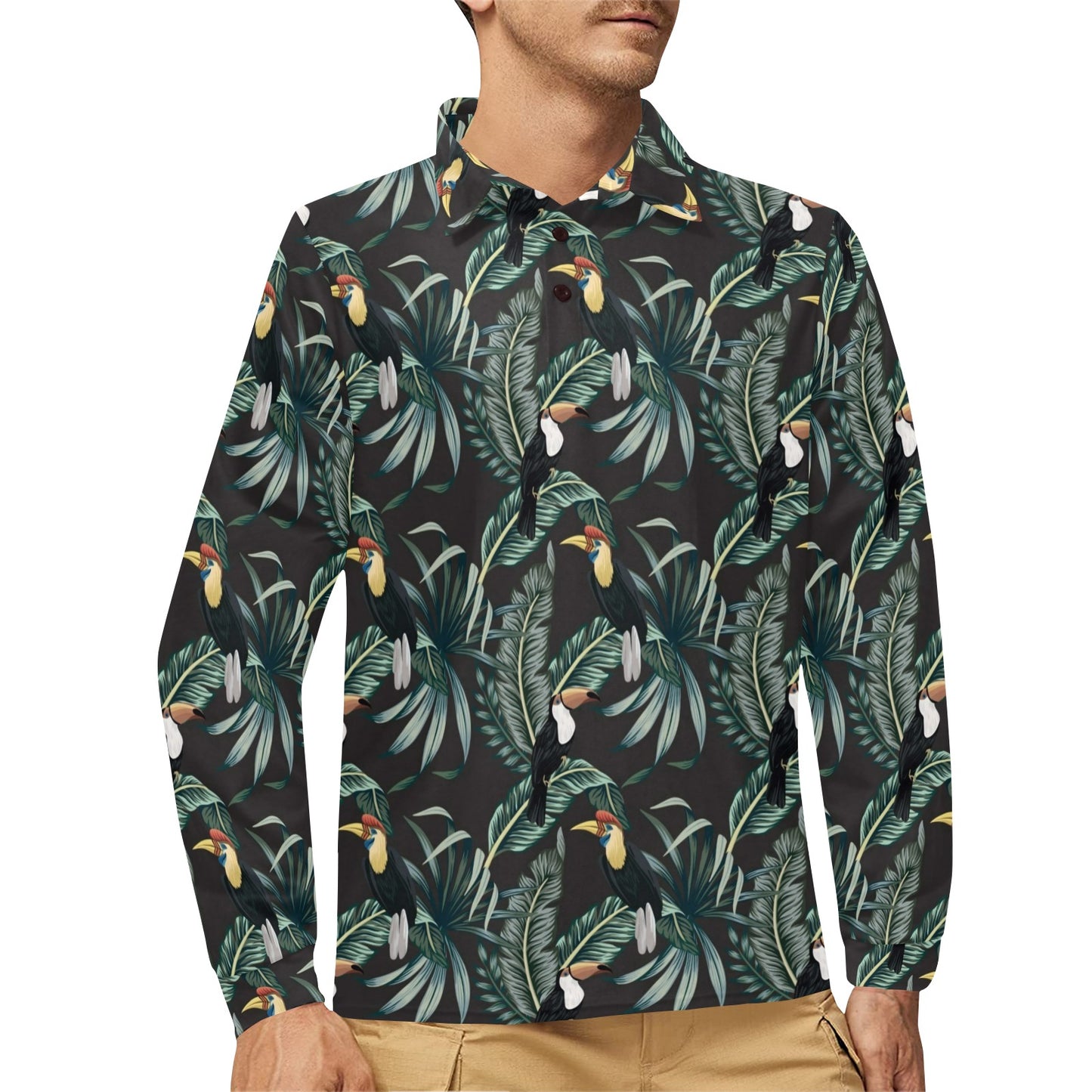 Rainforest Pattern Print Design RF06 Long Sleeve Polo Shirt For Men's