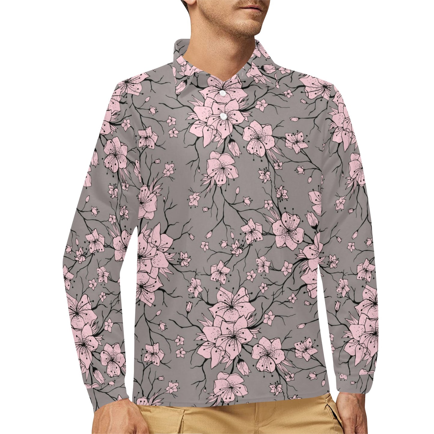 Cherry Blossom Pattern Print Design CB05 Long Sleeve Polo Shirt For Men's