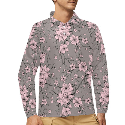 Cherry Blossom Pattern Print Design CB05 Long Sleeve Polo Shirt For Men's