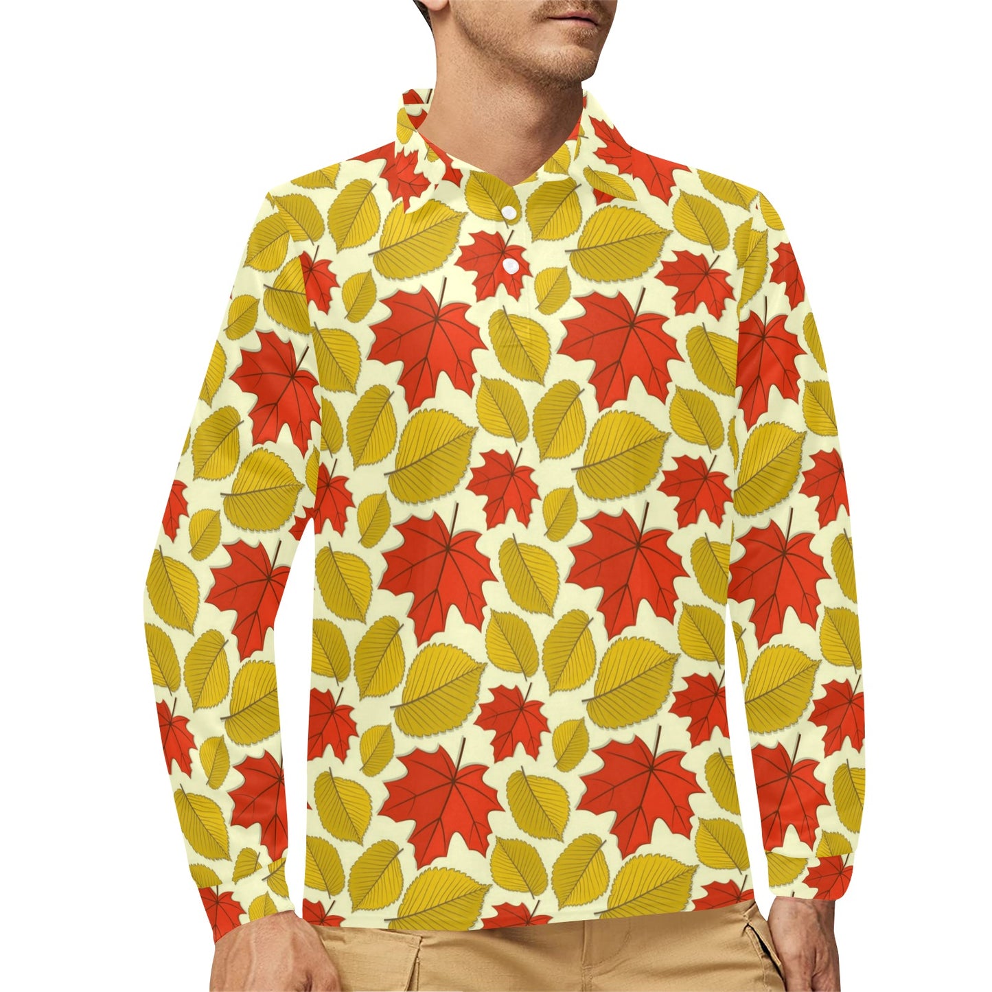 Elm Maple Leave Print Pattern Long Sleeve Polo Shirt For Men's