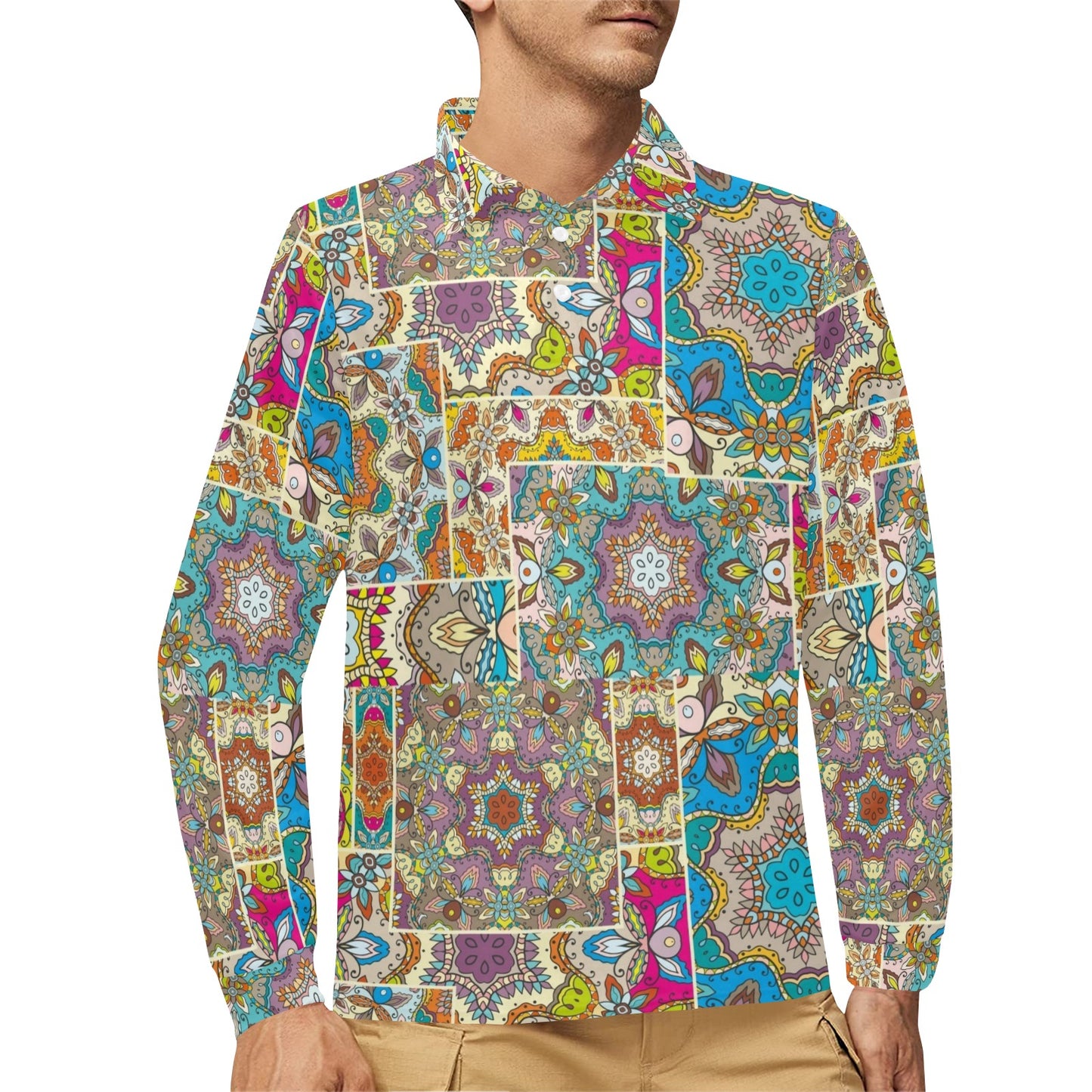 Patchwork Print Design LKS402 Long Sleeve Polo Shirt For Men's