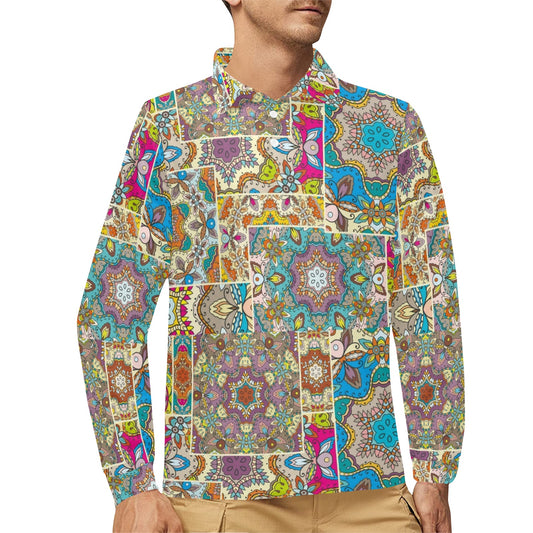 Patchwork Print Design LKS402 Long Sleeve Polo Shirt For Men's