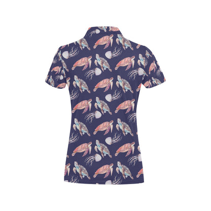 Sea Turtle With Jelly Fish Print Design LKS301 Women's Polo Shirt