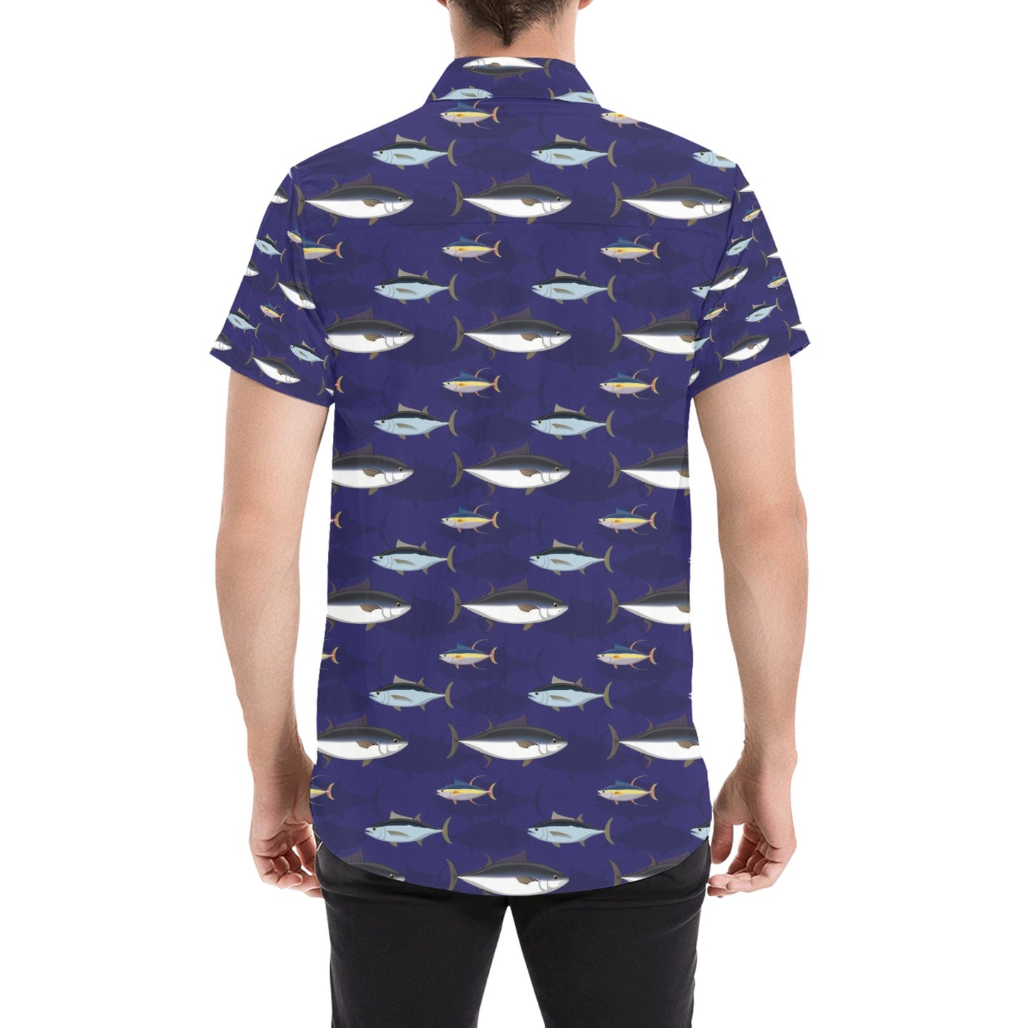 Tuna Fish Print Design LKS304 Men Short Sleeve Button Up Shirt