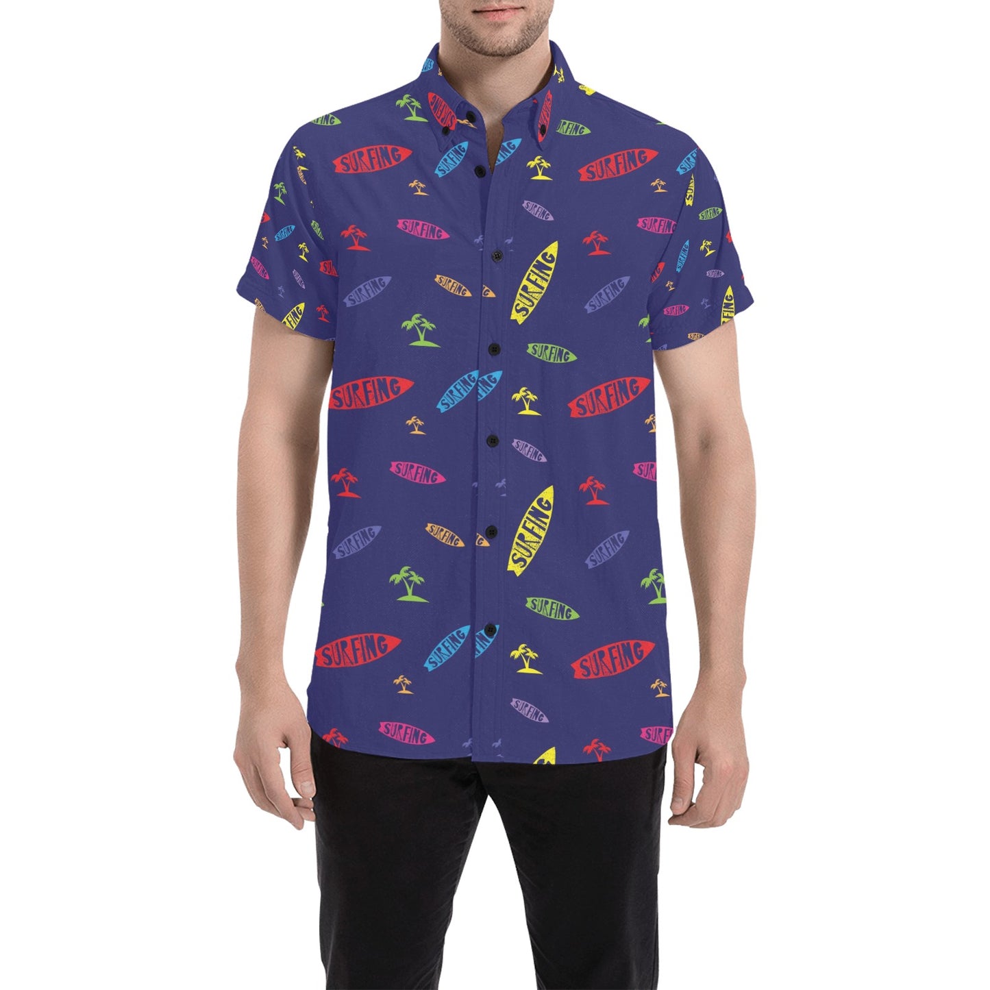 Surfboard Print Design LKS305 Men Short Sleeve Button Up Shirt