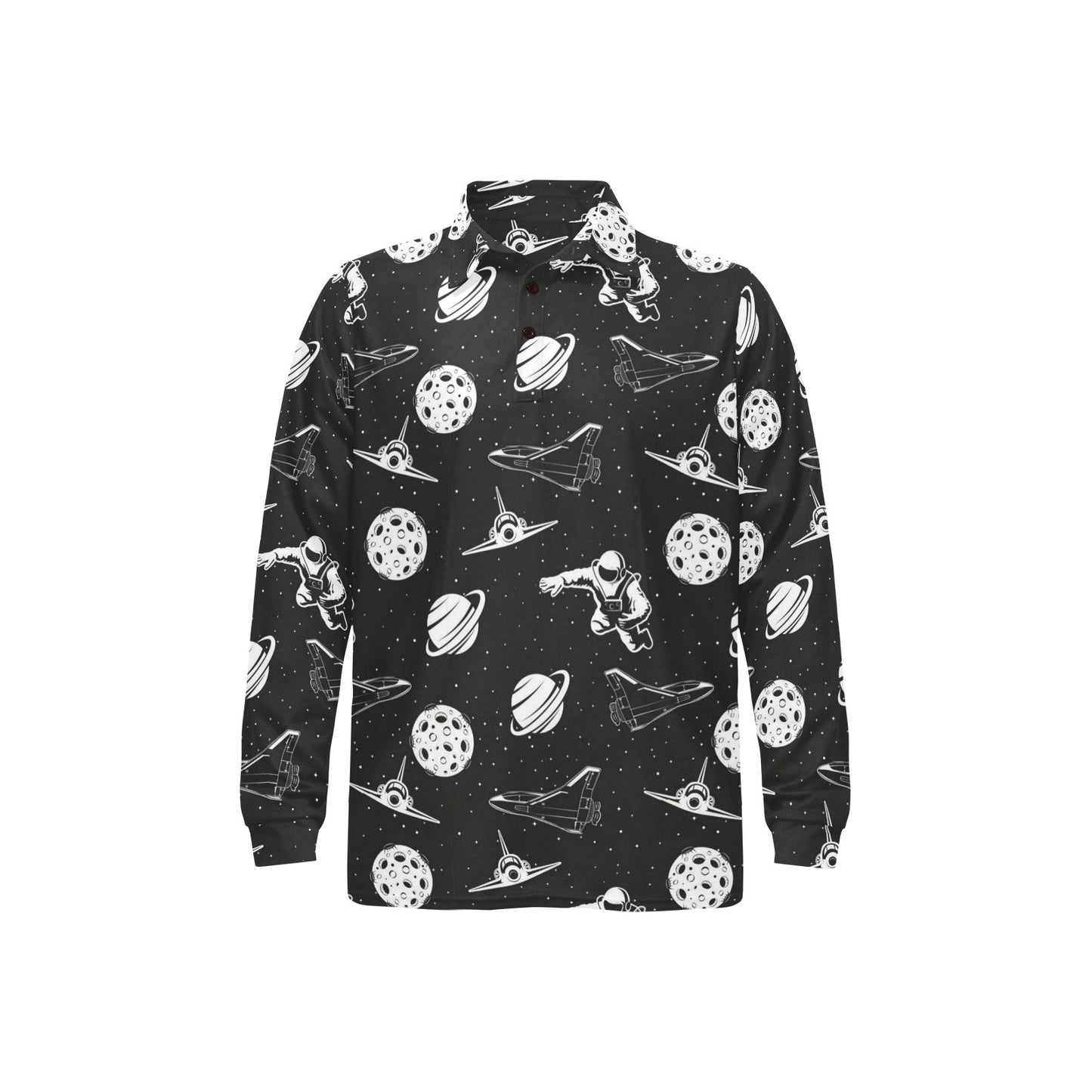 Space Astronauts Print Long Sleeve Polo Shirt For Men's
