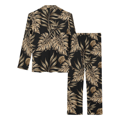Brown Tropical Palm Leaves Women's Long Pajama Set