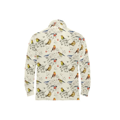 Bird Watercolor Design Pattern Long Sleeve Polo Shirt For Men's