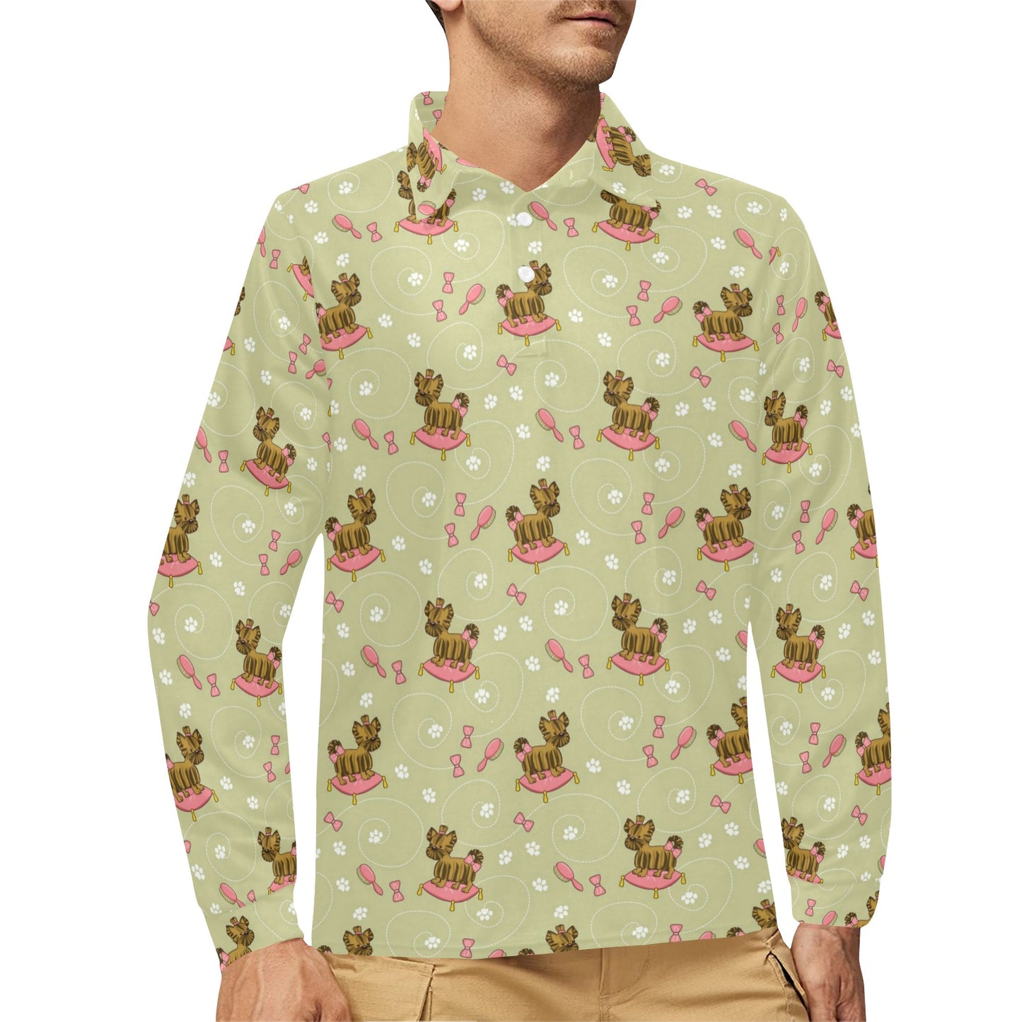 Yorkshire Cute Terriers Print Design LKS301 Long Sleeve Polo Shirt For Men's