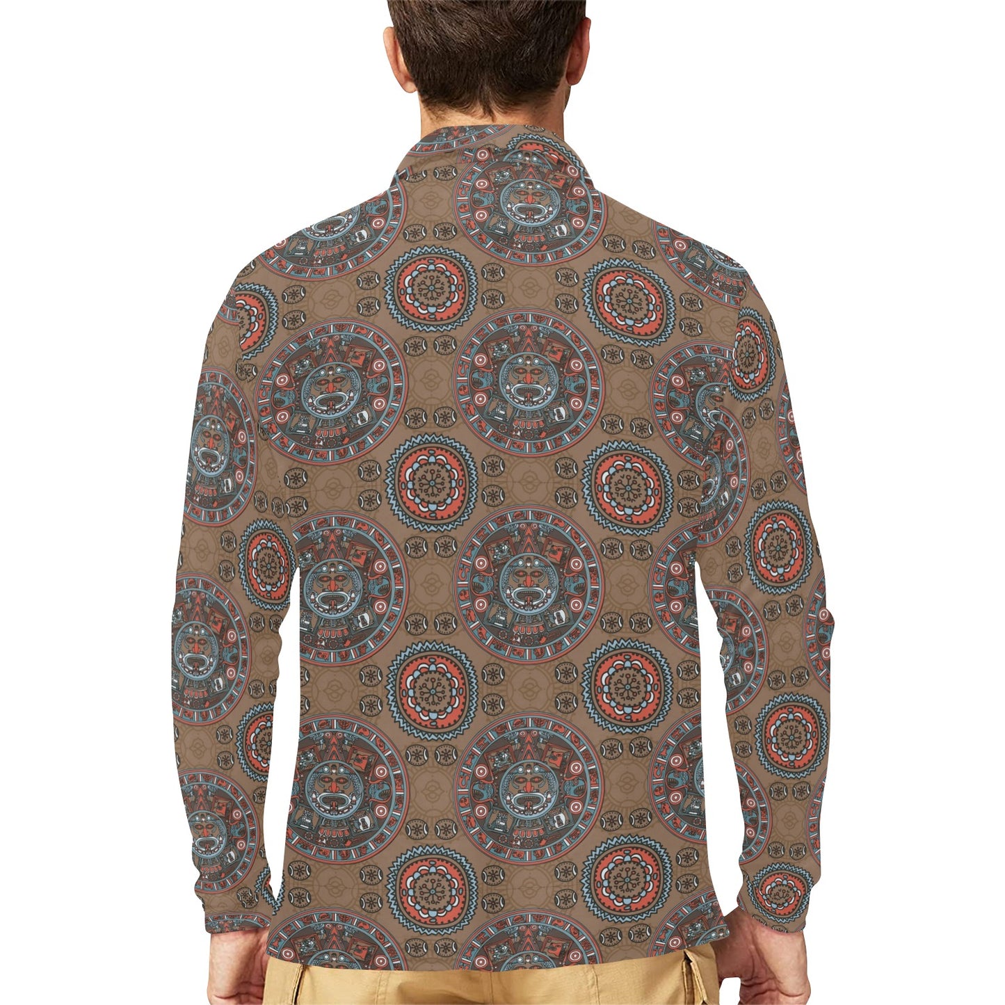 Calendar Aztec Design Print Pattern Long Sleeve Polo Shirt For Men's