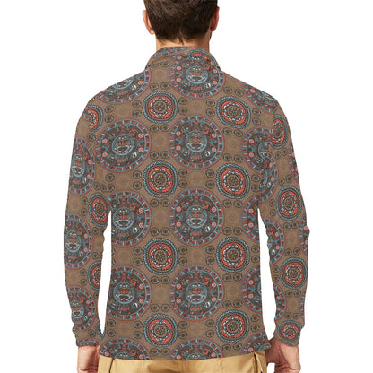 Calendar Aztec Design Print Pattern Long Sleeve Polo Shirt For Men's