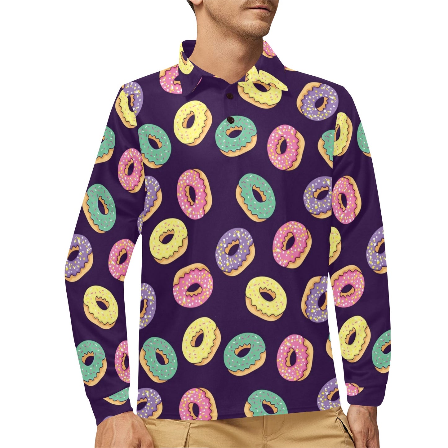 Donut Pattern Print Design DN08 Long Sleeve Polo Shirt For Men's