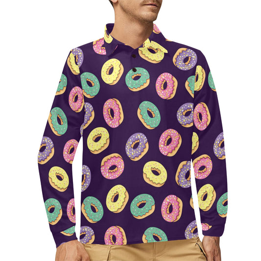 Donut Pattern Print Design DN08 Long Sleeve Polo Shirt For Men's