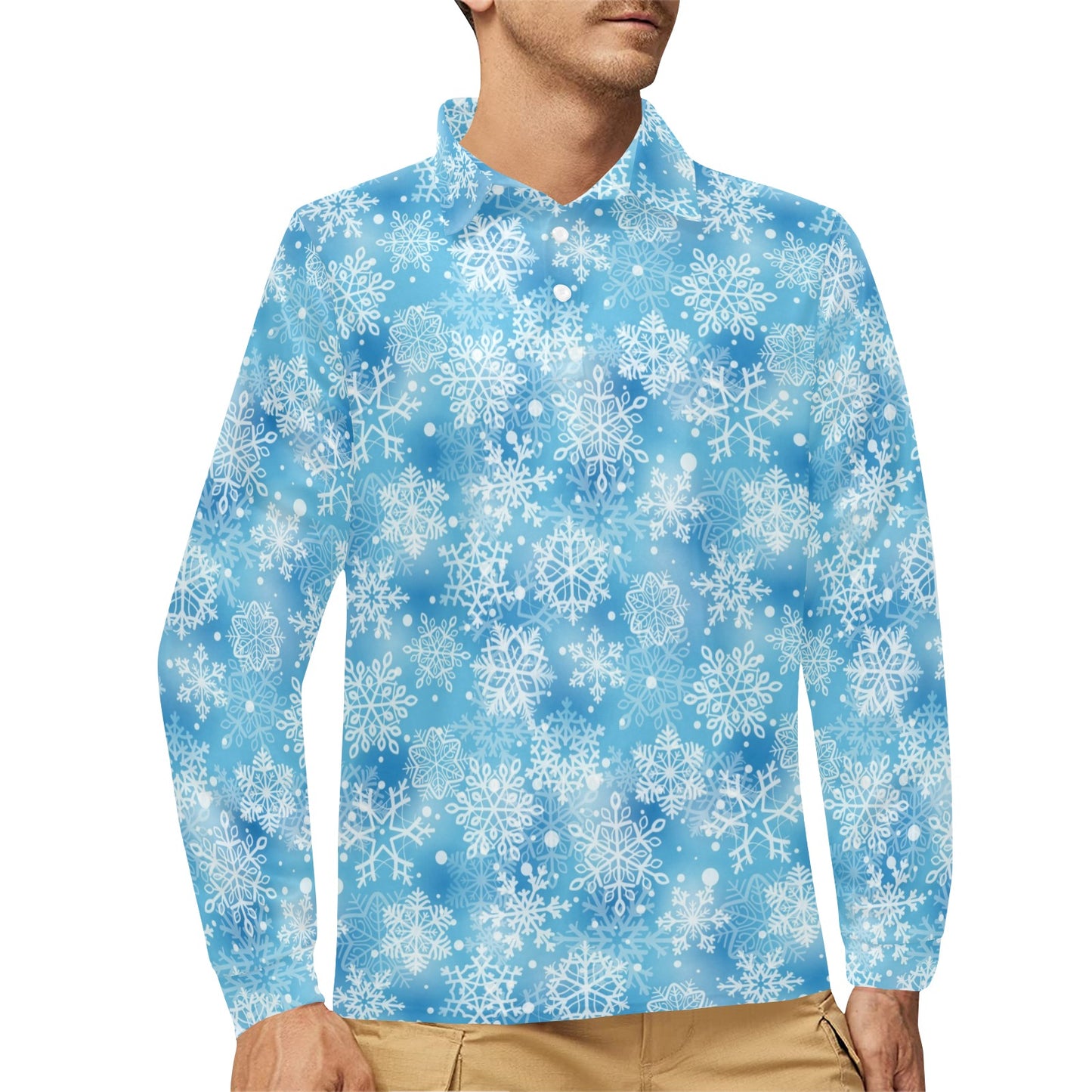 Snowflake Blue Print Design LKS301 Long Sleeve Polo Shirt For Men's