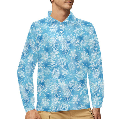 Snowflake Blue Print Design LKS301 Long Sleeve Polo Shirt For Men's